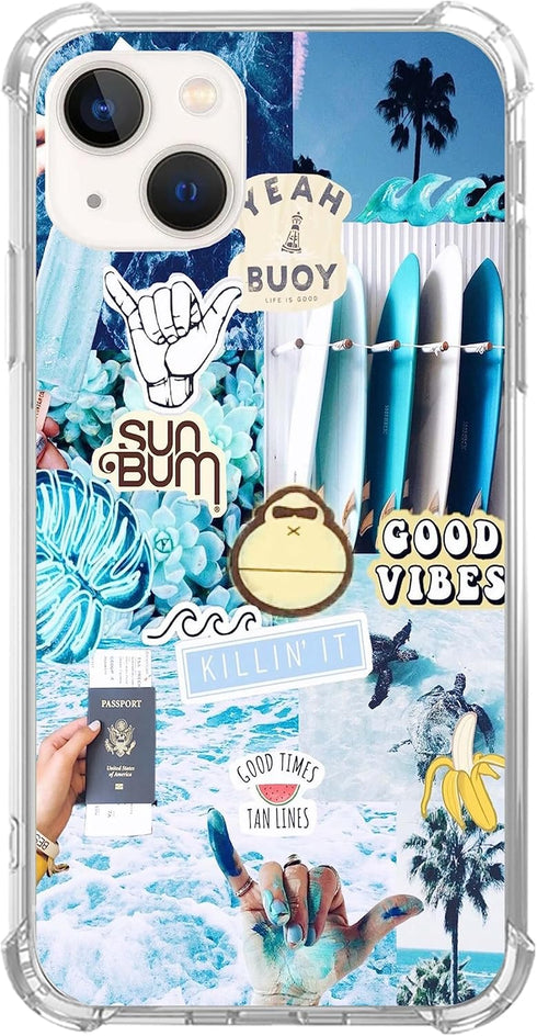 Good Vibes Picture Collage Phone Case for iPhone 13, Summer Sea Beach Blue Cover for Women Men Girls Boys, Trendy TPU