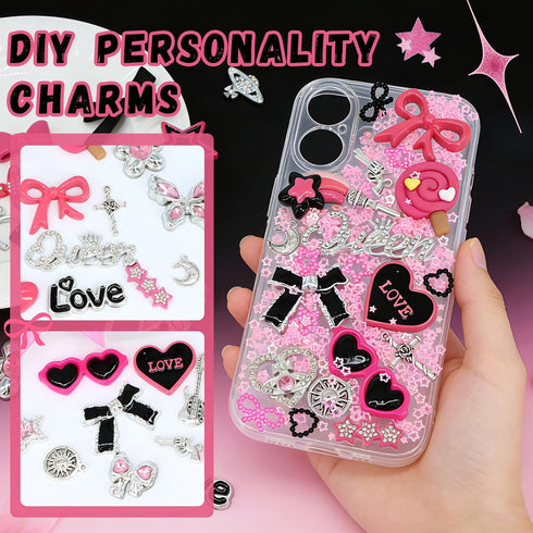 RIHYTFU Junk Case Charms Kit, Black Pink Junk Phone Case Charms for Customizing DIY Cases, Charm for Making Phone Cases