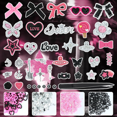RIHYTFU Junk Case Charms Kit, Black Pink Junk Phone Case Charms for Customizing DIY Cases, Charm for Making Phone Cases