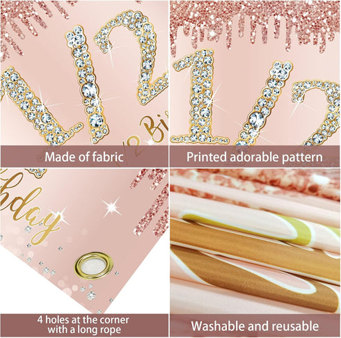 Happy 1/2 Birthday Banner Backdrop Decorations for Girls, Rose Gold Half Birthday Party Sign Supplies, Pink 6 Months