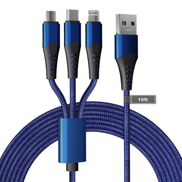 3M/10Ft Multi 3 in 1 USB Long Charger Cable - 6A PD Fast Braided Cord with USB C, Micro USB, Lightning Connectors.
