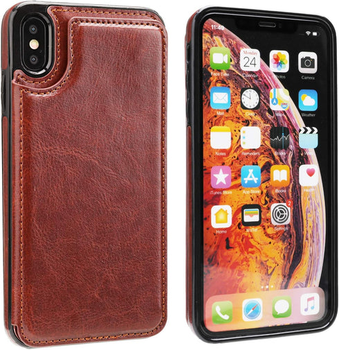 iPhone Xs Max Wallet Case, OT ONETOP Premium PU Leather with Card Holder, Brown, 6.5 Inch