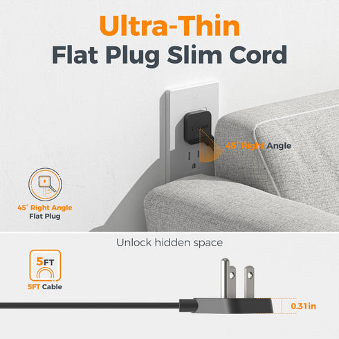 TESSAN 5 4 1 2 900 Flat Plug Extension Cord FT, Surge Protector Power Strip with AC Outlets USB C and USB A Ports