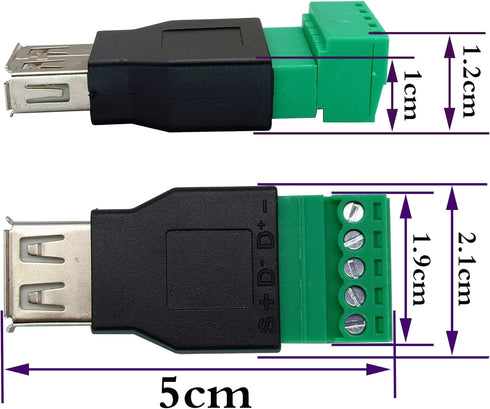 USB 2.0 A Screw Terminal Block Adapter, Female to 5 Pin/Way Female Bolt Screw Shield for Charging and Data Transfer
