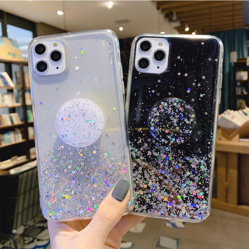 Expanding Phone Socket Mount Holder (Black) - Glitter Sparkle Bling, Collapsible Stand, Finger Foldable Grip for