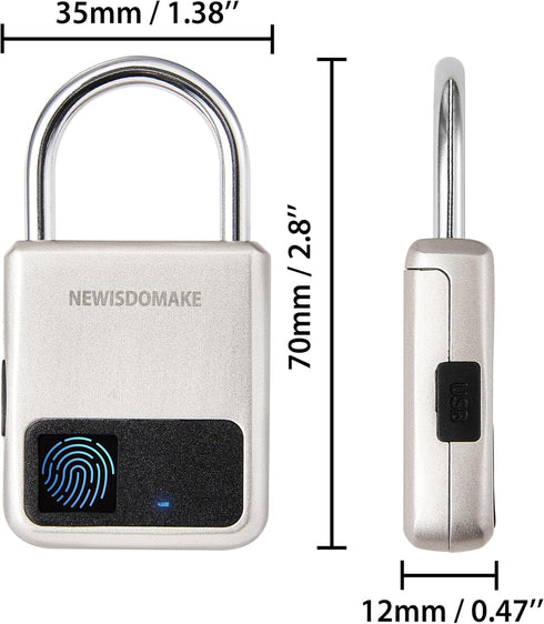 Fingerprint Padlock, Smart Biometric Lock with USB Charging, Suitable for Luggage, Suitcase, Backpack, Gold