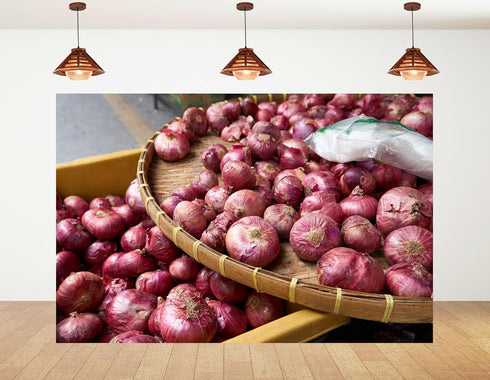 KeyWork 10x5ft Red Onions in Bamboo Basket at Market Backdrop Fresh Produce Photography