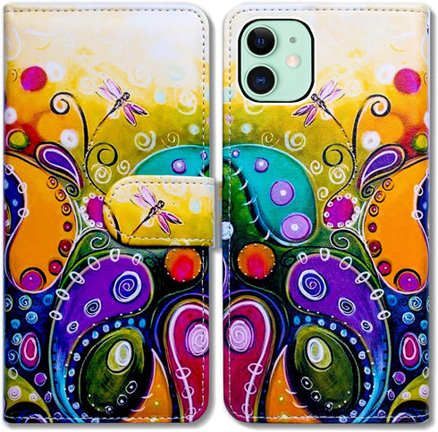 Case for iPhone 12/iPhone 12 Pro - Colorful Dragonfly Leather Wallet with Card Slot & Kickstand