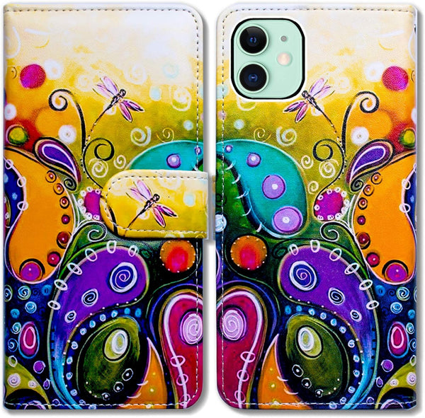 Colorful Dragonfly Leather Flip Phone Case Wallet Cover for iPhone 12 Mini with Card Slot Holder Kickstand