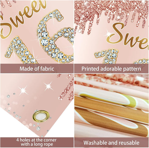 Sweet 16th Birthday Banner Backdrop Decorations for Girls, Rose Gold 16 Birthday Party Sign Supplies, Pink Poster Decor