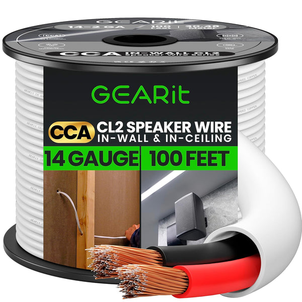 GearIT 14/2 Speaker Wire (100 Feet), 14 Gauge Copper Clad Aluminum, Fire Safety in Wall Rated Audio Cable