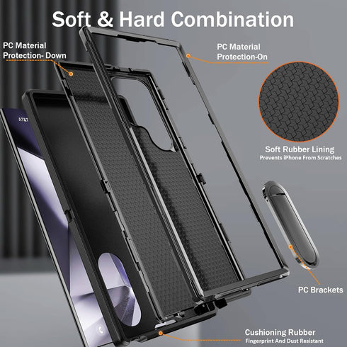 BaHaHoues Shockproof Case for Samsung Galaxy S24 Ultra, Black, with Built-in Kickstand Military Grade Protection