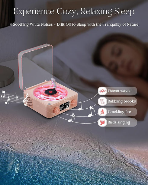 FAITIO Waves Vinyl Bluetooth Speaker Pink,Mini Record Player Style Speakers with Ocean Sound White Noise, Retro