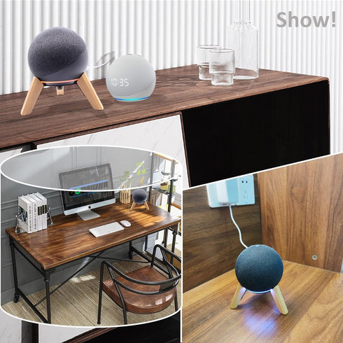 Real Wood Stand for Echo Dots (4th Gen, 5th Gen) - Wooden Mount with Metal Frame, Anti-Slip Silicone Pads