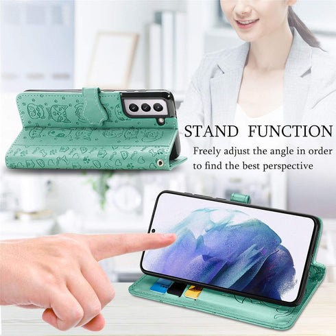 CCSmall for Samsung Galaxy S22 Cartoon Cute Wallet Case,Cat Dog Style Flip Phone Cover with ID Card Holder PU Leather Cases for Samsung Galaxy S22 MG Green