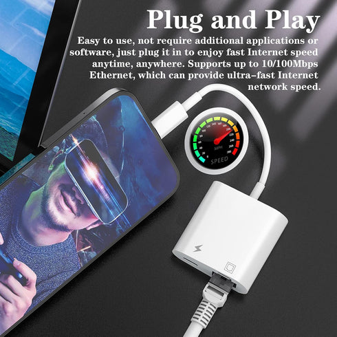 Lightning to Ethernet Adapter, Apple MFi Certified 2 in 1 RJ45 Ethernet LAN Network Adapter with Charge Port