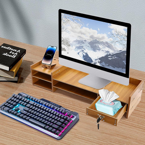 Computer Monitor Stand, Tabletop Computer Rack with Lockable Drawer, Wood Monitor Stand, Suitable for Study, Office