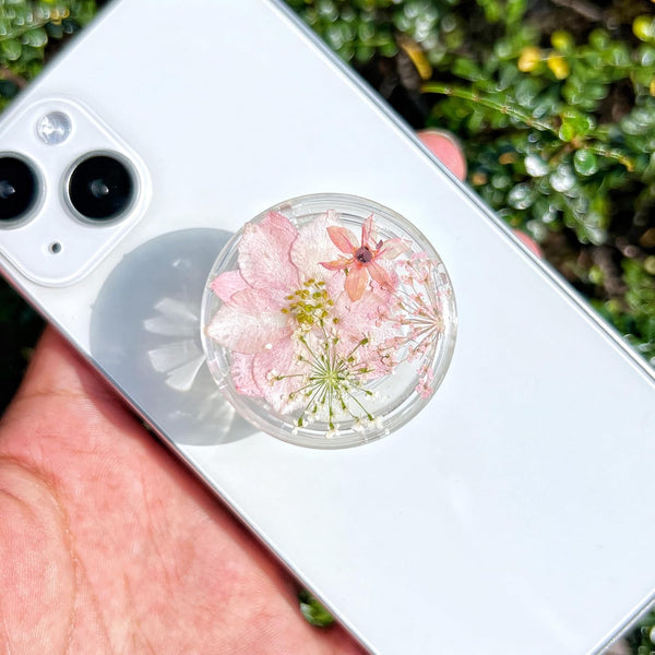 Pressed Pink Flowers Phone Grip, Handmade Dried Flowers Clear Stand, Expanding Cell Phone Charms Accessory