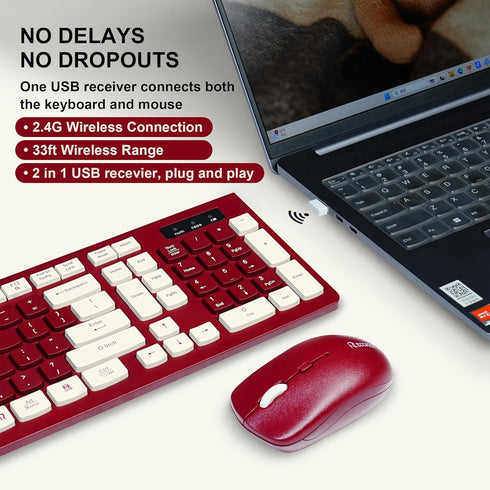 Wireless Keyboard and Mouse Combo, 2.4G Full-Sized Keyboard and Mouse, Dual-System for Computer/Laptop (Wine Red)