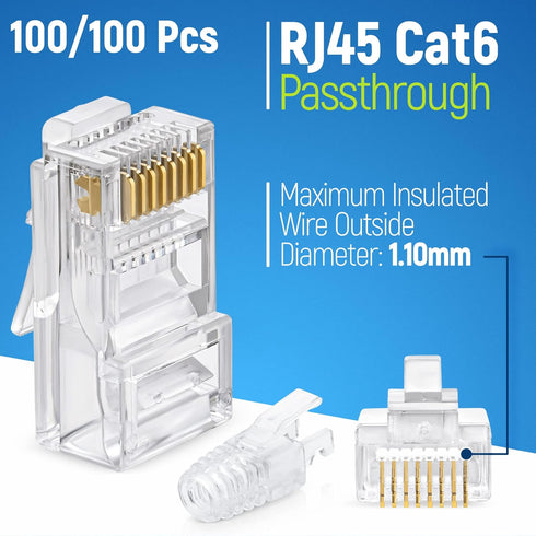 GTZ RJ45 Cat6 Pass Through Connectors - Pack of 100 with Strain Relief Boots for UTP Network Cable