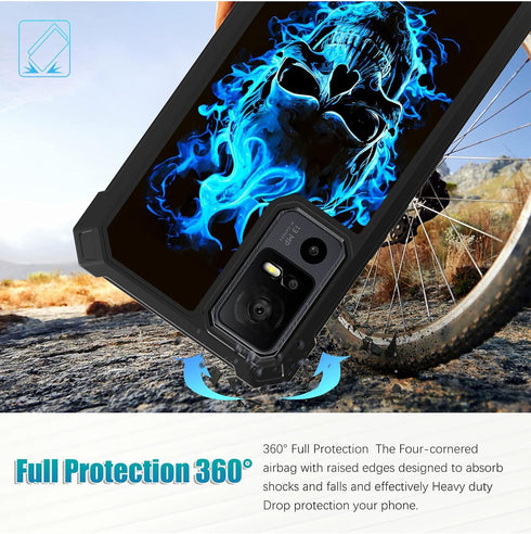 TCL 40 XL Case with Glass Screen Protector, Heavy Duty Hard PC, Blue Skull