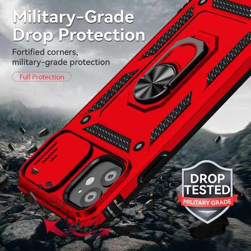 SunStory iPhone 11 Case, Red with HD Screen Protector, Slide Camera Cover & Rotated Ring Kickstand, Military-Grade
