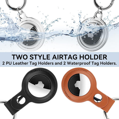 Waterproof Airtag Holder, DDJ 4 Pack Airtag Keychain, AirTag Case for Dog Collar, Luggage, Keys, Full Body Anti-Scratch Protective (PU Leather: Black/Brown, Clear: White/Black)