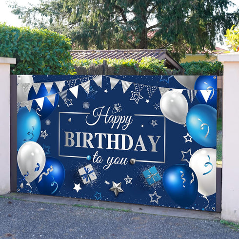 Sumind Happy Birthday Decorations Backdrop Banner, Navy Blue and Silver Party Decoration Sign for Men Women, 72.8 x