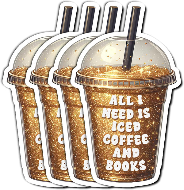 KIMAMZ Pack 4PCS All I Need is Iced Coffee and Books Stickers Reading
