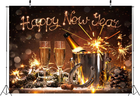 BELECO 5x3ft Fabric Happy New Year Backdrop 2025 New Years Eve Decorations Banner Champagne Fireworks Bokeh