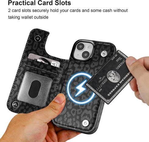 HAOPINSH 15 6.1" for iPhone Case Wallet Compatible with MagSafe Wireless Charging, Black Leopard Pattern Back Flip