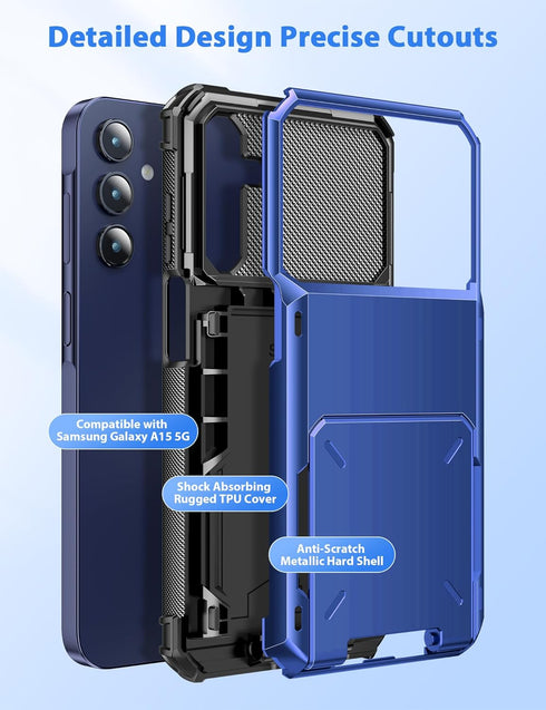 COOYA Samsung Galaxy A15 Case Wallet, 5 Credit Card Holder ID Slot Flip Cover, Dual Layer Protective Blue
