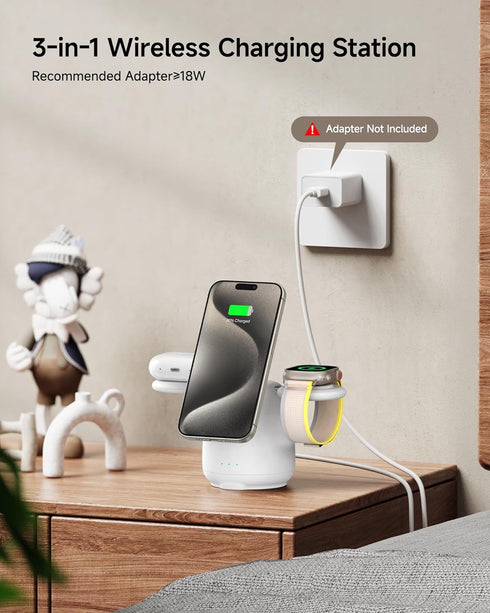 SwanScout 707M Charging Station, 3 in 1 Wireless Charger for iPhone 16/15/14/13/12 Series, Apple Watch & AirPods (No