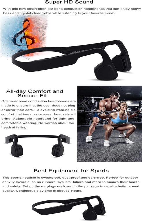 QT S Bone Conduction Headphones Bluetooth with Mic, Lightweight Open-Ear Wireless Stereo Music, IP65 Water Resistant