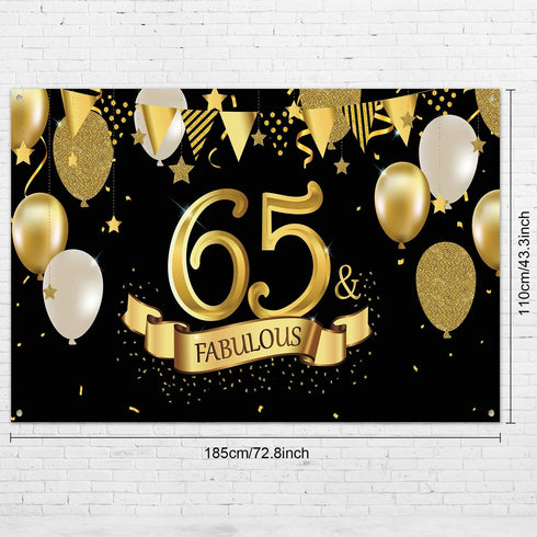 65th Birthday Black Gold Party Decoration, Large Fabric Sign Poster for 65th Anniversary Backdrop Banner, 72.8 x 43.3