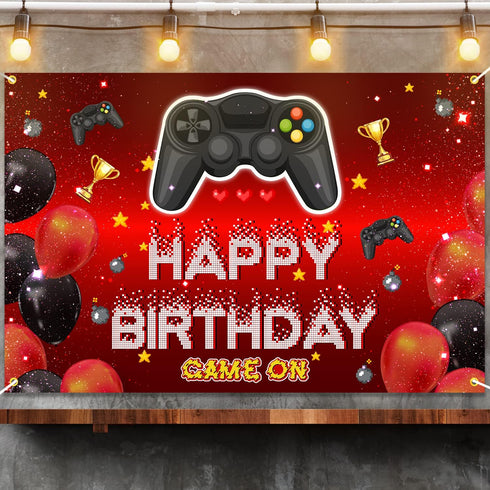 Video Game On Happy Birthday Backdrop Banner Decorations for Boys Kids, Red and Black Level Up Theme