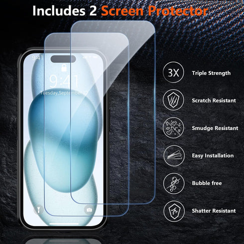 iPhone 15 Case - Dark Green, Shockproof with 15 FT Military Grade Drop Protection & 2X Tempered Glass Screen Protectors.