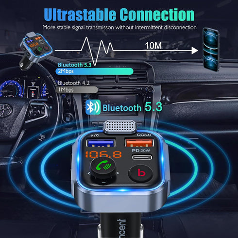 LENCENT Wireless Bluetooth 5.0 FM Transmitter Car Kit, Type-C PD 20W + QC3.0 Fast USB Charger, Hands-Free Calling, Hi