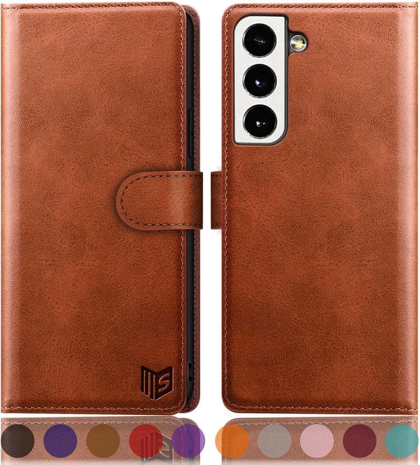 SUANPOT RFID Blocking Leather Wallet Case for Samsung Galaxy S22, Flip Folio Book Shockproof Cover, Light Brown