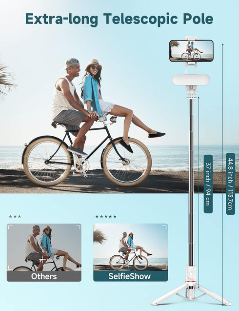 SelfieShow 44 Inch 360 15/14/13/12/11 Stable Selfie Stick Tripod with Fill Light, Extendable Selfie Stick with Wireless
