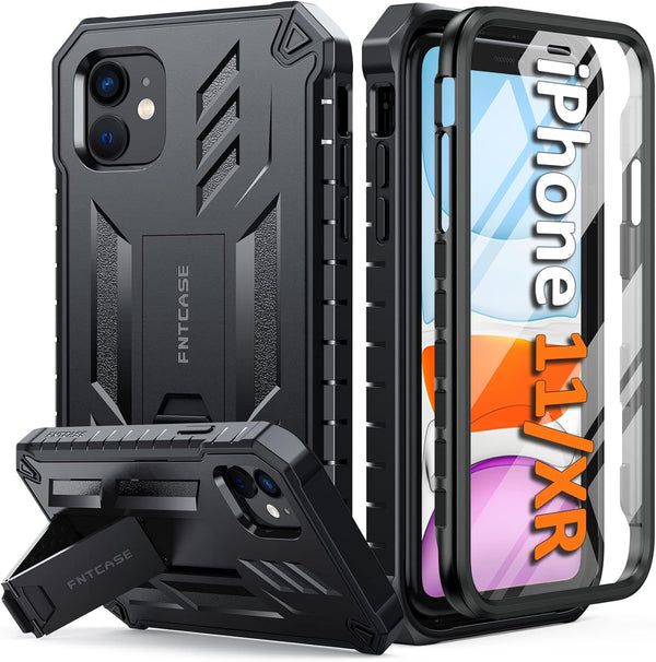 FNTCASE iPhone 11 Case: Shockproof Military Grade, Dual Layer Protection, Kickstand, Matte Textured, 6.1" Black.