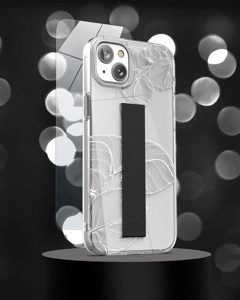ENCASED iPhone 14 Finger Loop Case with Strap Grip & Screen Protector - Clear/White Lace Leaf Design