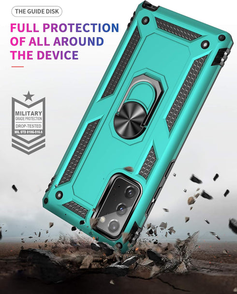 for Samsung Galaxy Note 20 Case, Note20 5G with HD Screen Protectors, Military-Grade Metal Ring Holder Kickstand, Teal