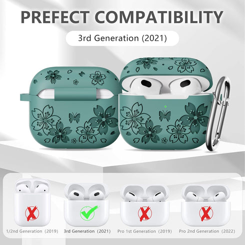 Silicone Case for AirPods 3rd Generation with Butterfly Flowers Engraved Design, Cleaner Kit & Keychain, Green