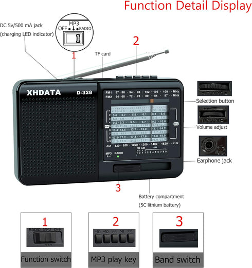 D-328 Portable Multi Band Radio Stereo MP3 Player with Rechargeable Battery, Earphone Jack, USB, Micro SD (Black)