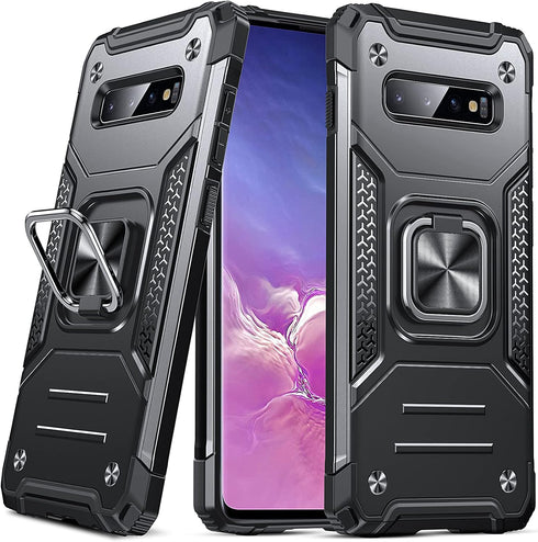 Anqrp Galaxy S10 Plus Case, Military Grade Protective Cover with Enhanced Metal Ring Kickstand, Black