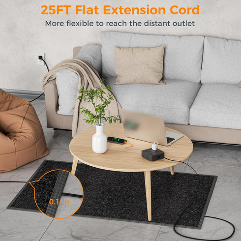 Long Extension Cord 25 FT, TESSAN Ultra Thin Flat Plug Power Strip with 8 AC Outlets and USB Charger