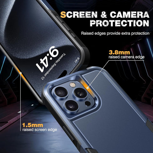 Diaclara iPhone 15 Pro Max Case - Dark Blue, Military Grade Drop Protection, Anti-Spy Privacy Screen Protector, Heavy