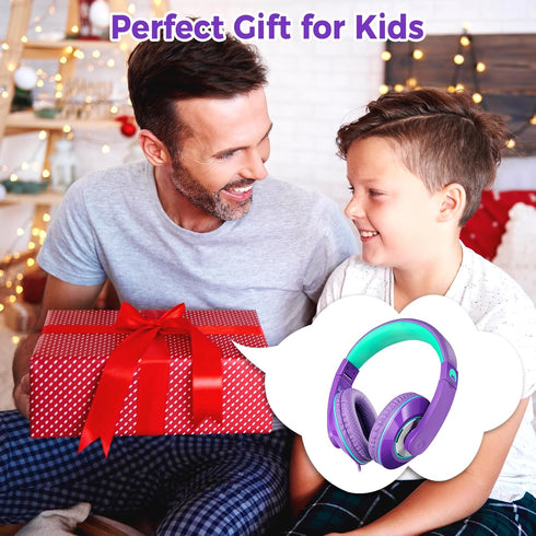 rockpapa Comfort+ Kids Headphones with Microphone, Boys Girls Student Over-Ear Wired Headphones for School, Purple Green