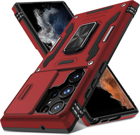 DEERLAMN Heavy Duty Shockproof Case for Samsung Galaxy S23 Ultra, Slide Camera Cover, Red Military Grade